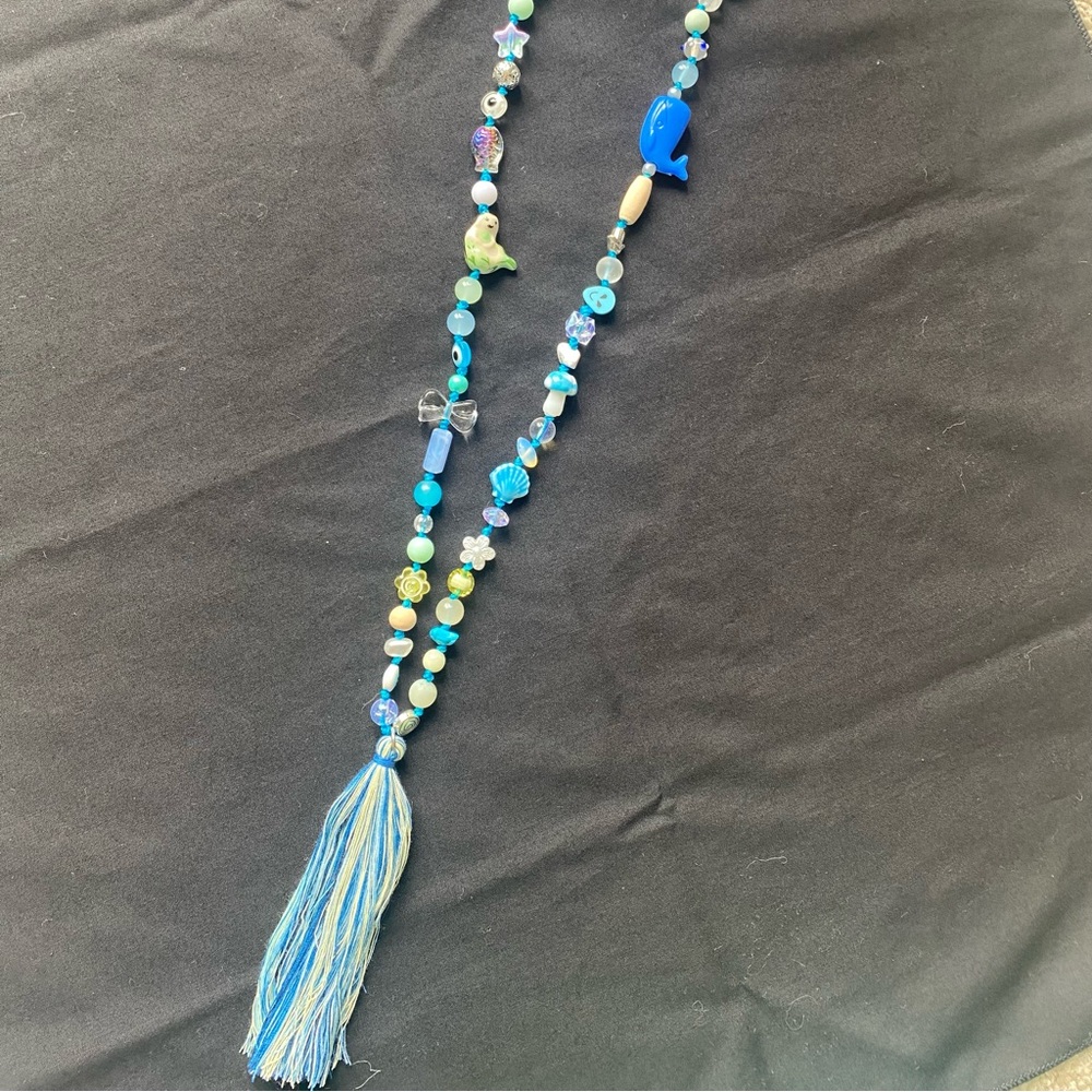 Blue Beaded Necklace with Tassel Mermaid Whale Ocean Mala Spiritual - Picture 9 of 11